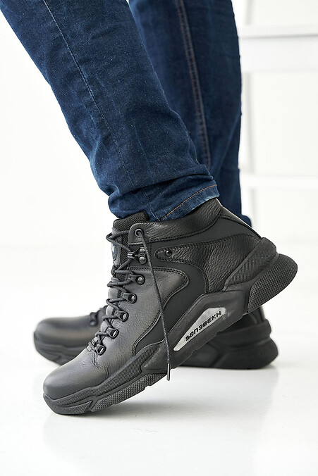 Мужские кожаные ботинки зимние черные - #2505178