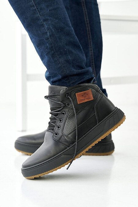 Мужские кожаные ботинки зимние черные - #2505179