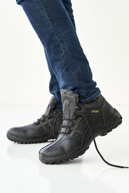 Мужские кожаные кроссовки зимние черные - #2505180