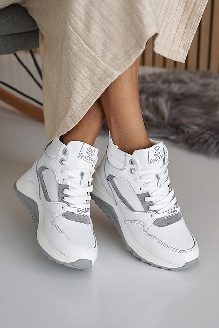 Women's leather winter sneakers, white and gray. - #2505183