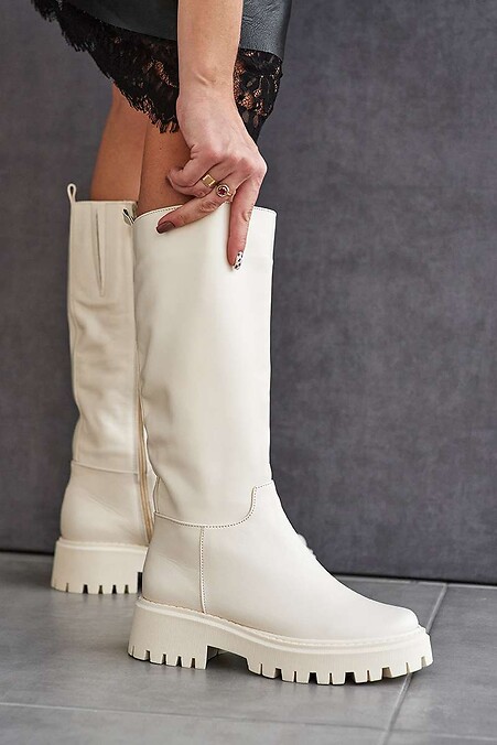Женские ботинки кожаные зимние молочные - #8019184