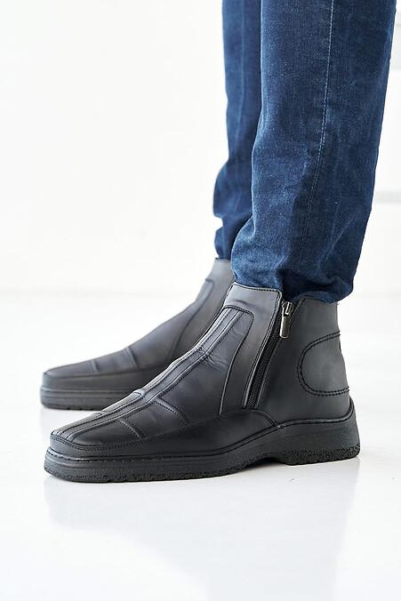 Мужские кожаные ботинки зимние черные - #2505185