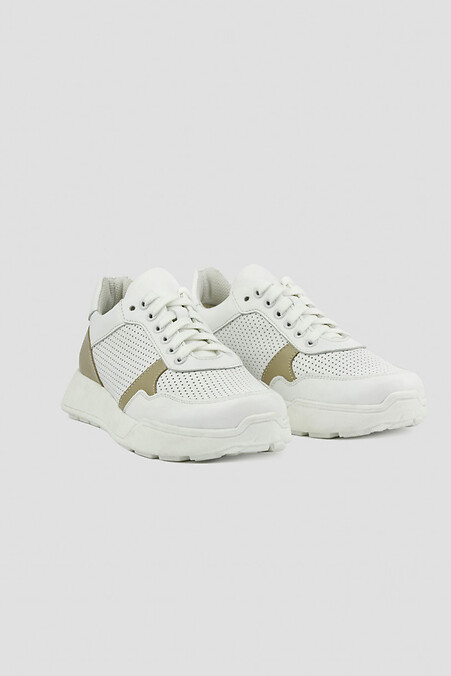 Damensneaker aus weißem Leder mit Perforationen und verzierten Einsätzen - #4206186