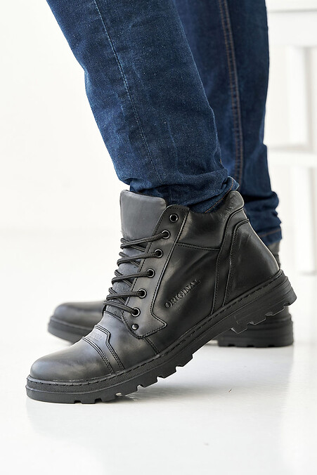 Зимние мужские кожаные ботинки черного цвета - #2505191