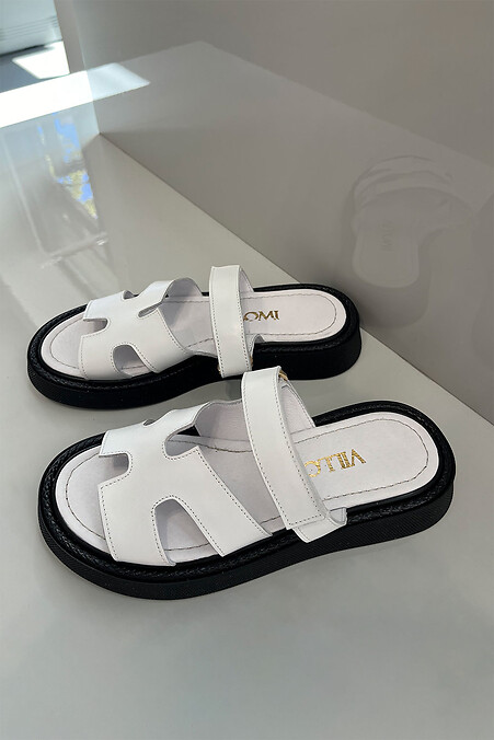 Women's White Leather Velcro Slippers - #4206195