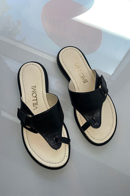 Women's Black Leather Thong Slippers - #4206197