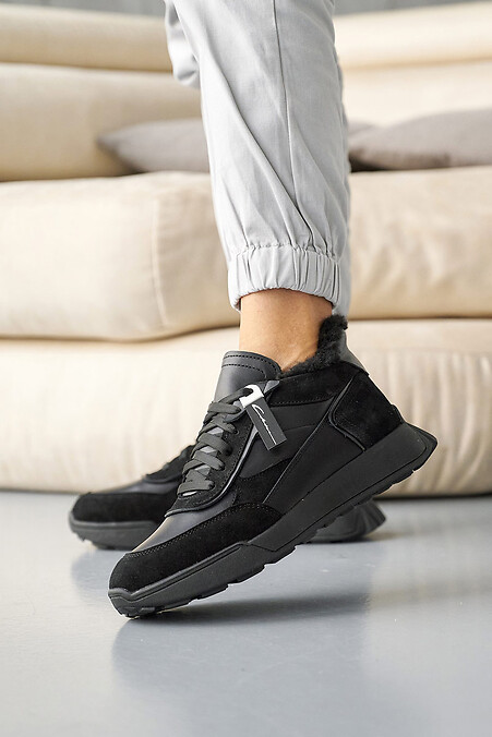 Women's winter leather sneakers with black fur. - #2505204