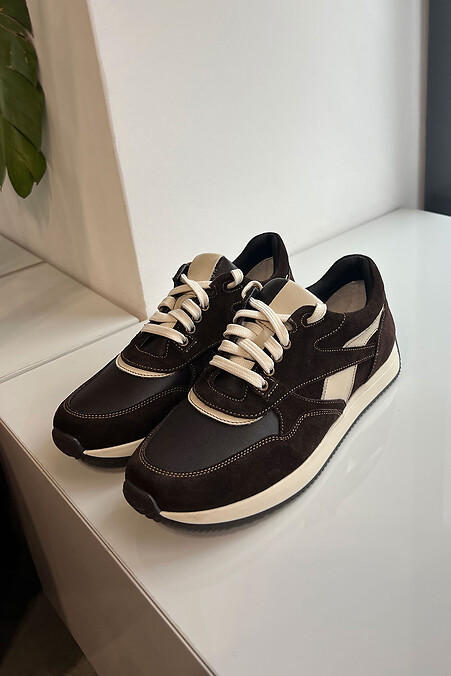 Women's sneakers chocolate color combination of leather and suede - #4206209