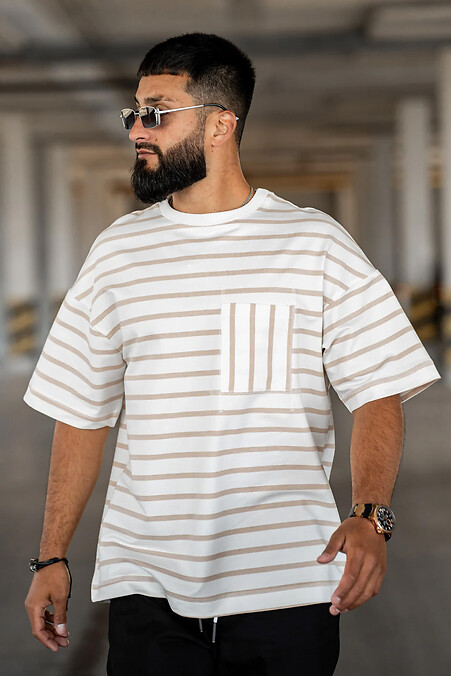 Herren-T-Shirt in Übergröße in Sea Stripe Beige mit Weiß - #8034218