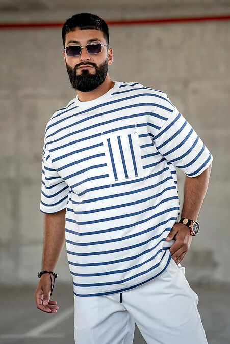 Herren-T-Shirt in Übergröße mit Streifen in Meerblau und Weiß - #8034220