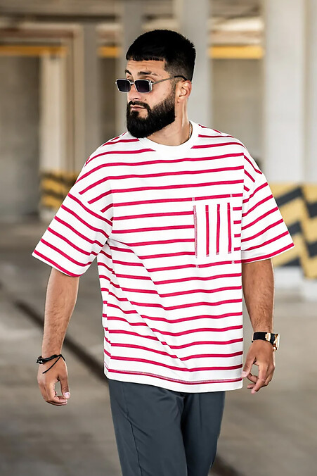Herren-T-Shirt in Übergröße in Meerrot und Weiß gestreift - #8034221