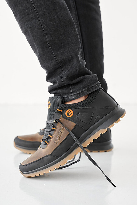 Мужские кроссовки кожаные весенне-осенние черно-оливкового цвета - #2505226