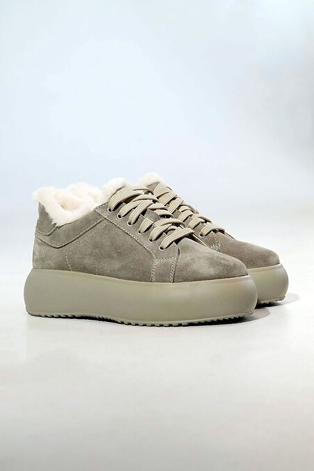 Women's light-colored winter sneakers made of genuine suede - #4206231