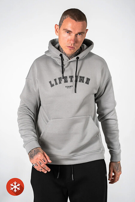 Warmer Herren-Kapuzenpullover mit lockerer Passform und LIFETIME 3-Aufdruck in Grau - #8034232
