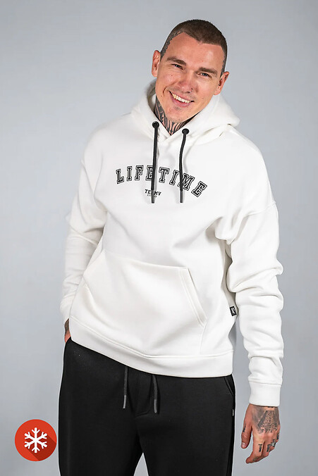 Warmer, locker sitzender Kapuzenpullover für Herren mit LIFETIME 3-Aufdruck in Weiß - #8034233