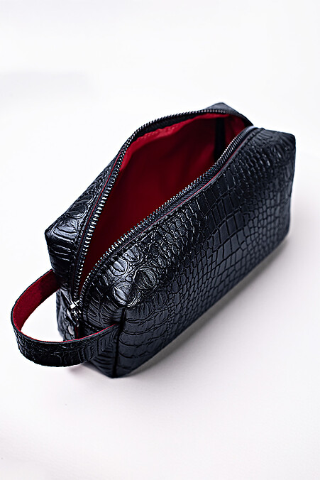 Cosmetic bag made of eco-leather, matte black, crocodile. - #8046314