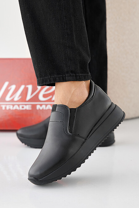Women's spring-autumn black leather sneakers. Sneakers. Color: black. #2505328