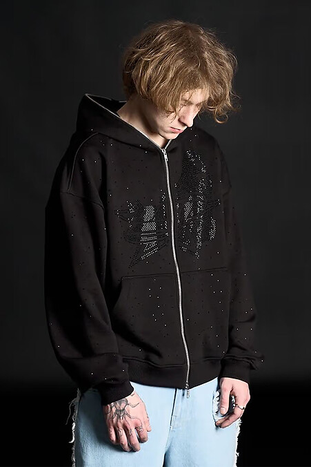 Herren Zipper Hoodie mit Strasssteinen Glanz Schwarz - #8043329