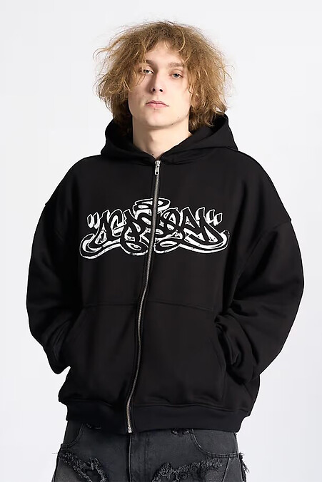 Schwarzer Oversize-Hoodie mit Reißverschluss und Etikett - #8043331