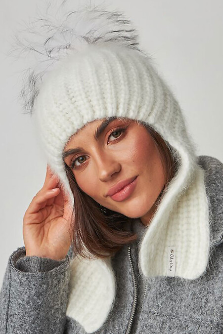 Women's hat with earflaps with pompom - #4496343