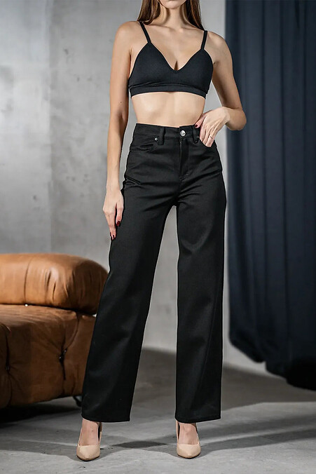 Women's Jeans-Cotton Trousers Straight Teamv Wide Black - #8034344