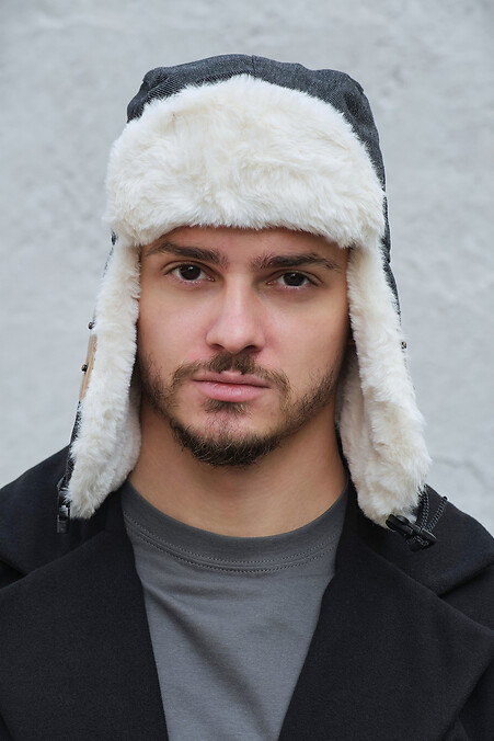 Men's black fur hat with ears - #8049348