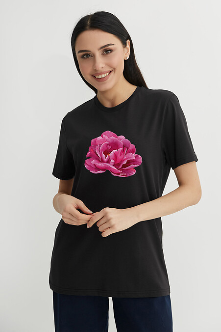 Schwarzes T-Shirt „Pfingstrosen“ - #9001356