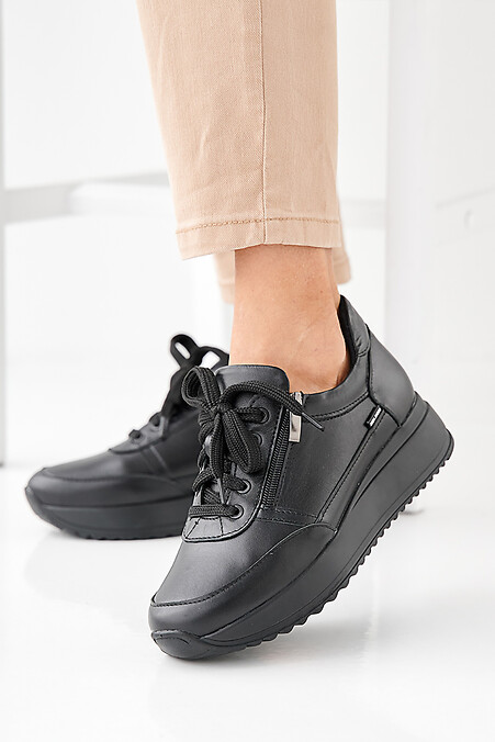 Women's spring-autumn black leather sneakers. Sneakers. Color: black. #2505385