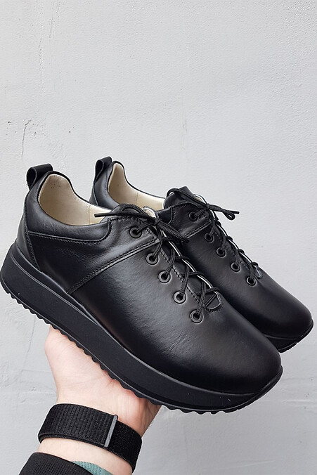 Women's leather spring sneakers black - #8019418
