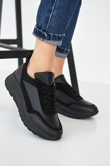 Women's leather spring sneakers black. Sneakers. Color: black. #8019420