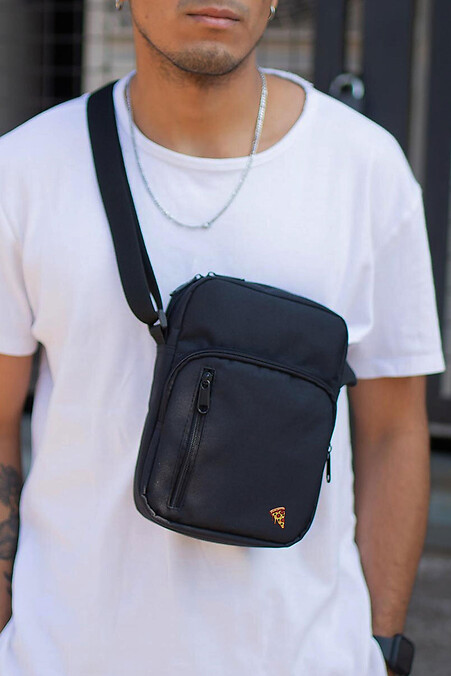 Herren-Kuriertasche Schultertasche mit Pizzadruck Schwarz - #8055420