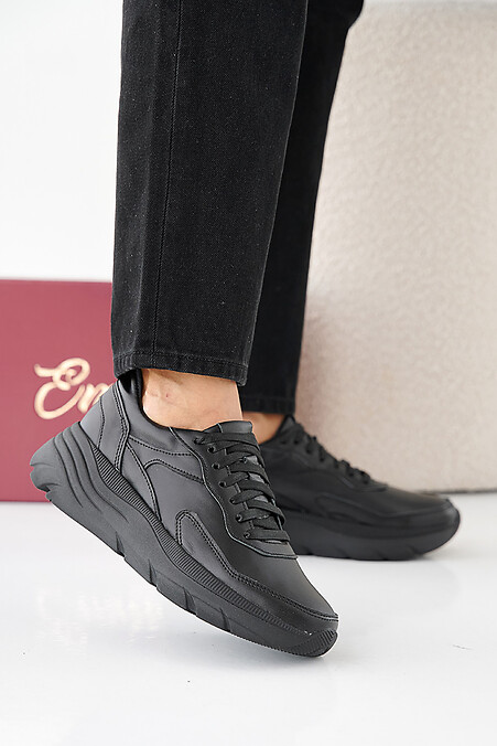 Women's spring-autumn black leather sneakers. Sneakers. Color: black. #2505441
