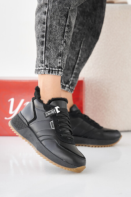 Women's black winter leather sneakers. Sneakers. Color: black. #2505451