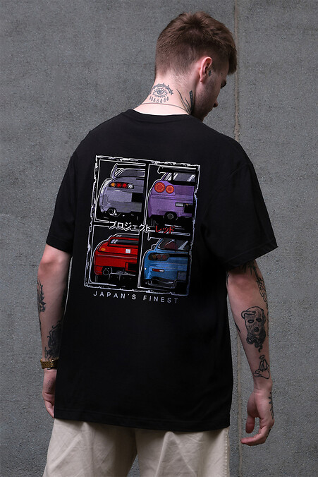 Men's Oversized T-shirt with Cars Print Black - #8049470