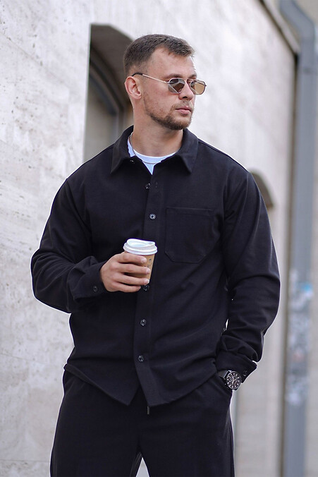 Schwarzes, lässig geschnittenes, warmes Oversize-Herrenhemd aus Kunstwolle in Übergröße. - #8034476