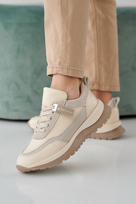 Women's spring-autumn milky leather sneakers. Sneakers. Color: beige. #2505482