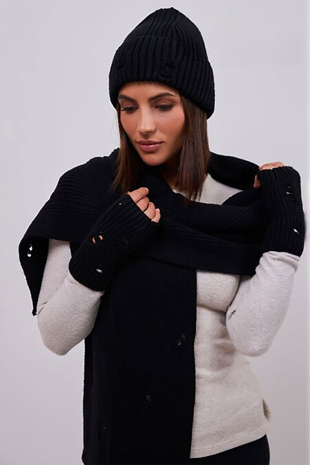Women's set: hat, scarf, and mittens, black - #4496488