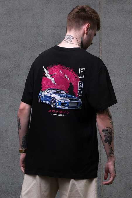 Men's Oversized T-Shirt with Skyline Print Black - #8049502