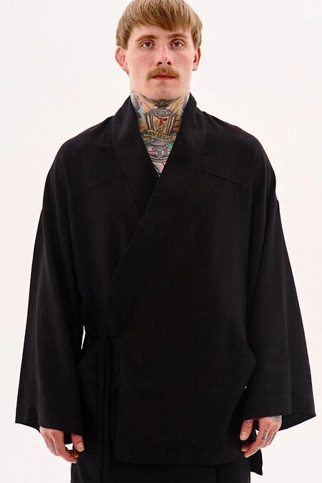 Leinenkimono mit „Haruki“-Stickerei, schwarz - #8037505