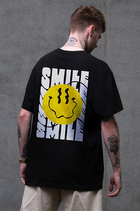 Men's Oversized T-Shirt with Smile Print Black - #8049506