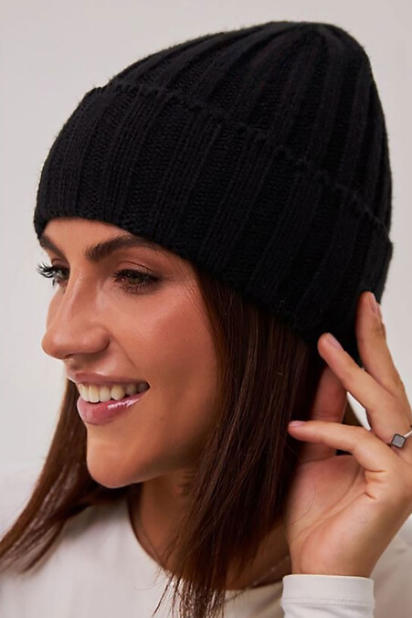 Women's demi-season black hat with a lapel. Hats, berets. Color: black. #4496507