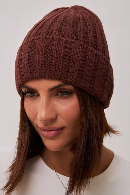 Women's demi-season chocolate-colored hat with a lapel. Hats, berets. Color: brown. #4496508