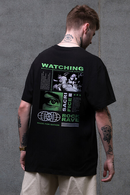 Men's Oversized T-shirt with Watching Black Print - #8049520