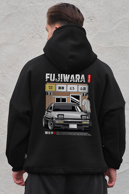Мужское Оверсайз Худи Толстовка На Флисе С Капюшоном И Принтом Fujiwara Black. Свитшоты, толстовки. Цвет: черный. #8055522