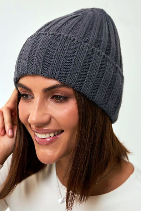Women's demi-season graphite-colored hat with a turn-up - #4496556