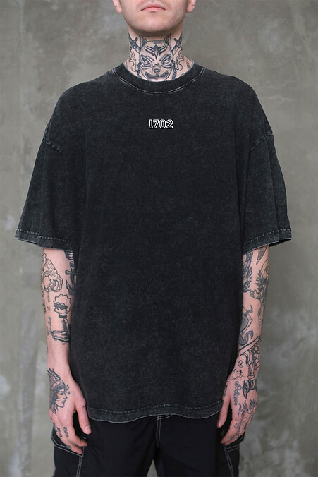 Men's Washed Oversized T-Shirt With Print 1702 Black - #8049604
