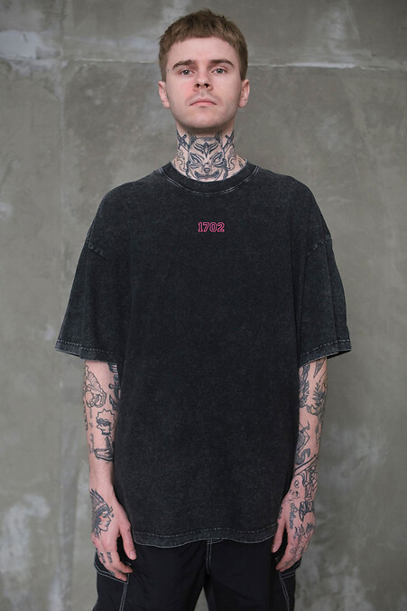 Men's Washed Oversized T-Shirt With Pink Print 1702 Black - #8049606
