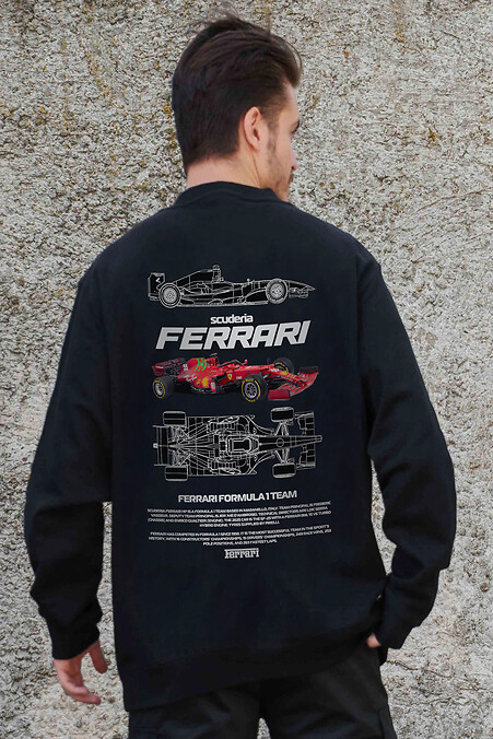 Мужской Утепленный Оверсайз Свитшот На Флисе С Принтом Ferrari Black - #8055606