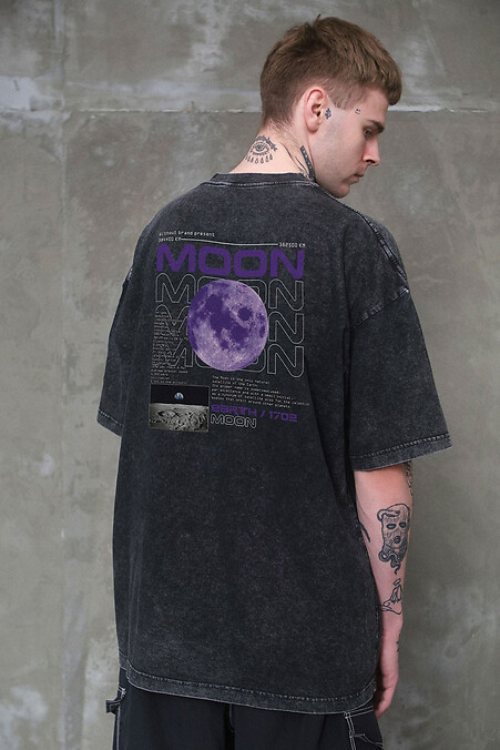 Men's Washed Oversized Moon Print T-Shirt Black - #8049608