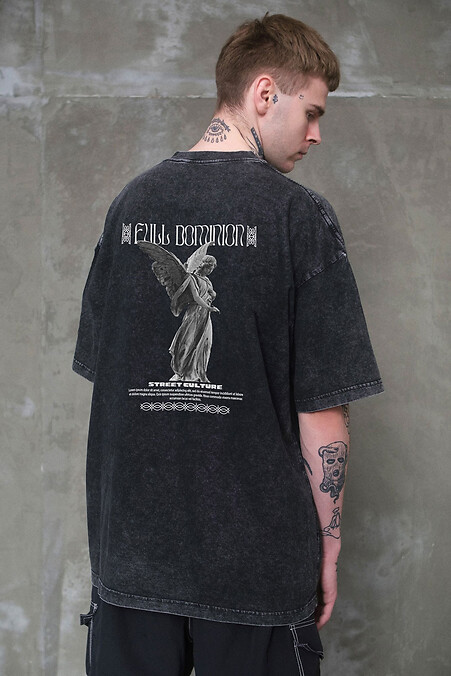 8049594 Men's Washed Oversized Dominion Print T-Shirt Black - #8049610